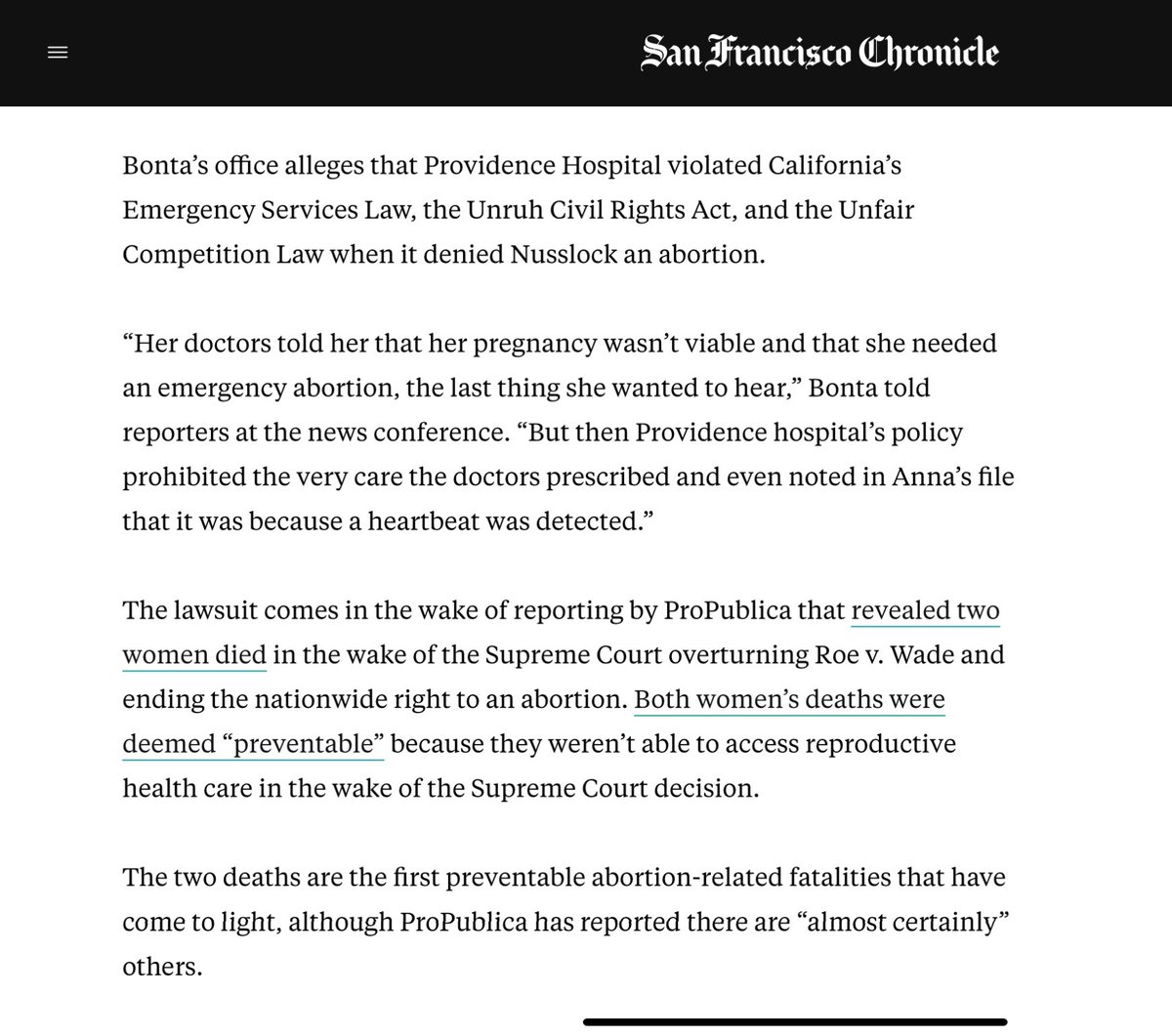 Catholic hospital chain Providence in California turned away a pregnant woman miscarrying twins with a bucket &amp; a towel.

A small hospital nearby saved her life.

Catholic hospitals are a threat to women’s lives. They should not be licensed.

Gift link
sfchronicle.com/politics/artic…