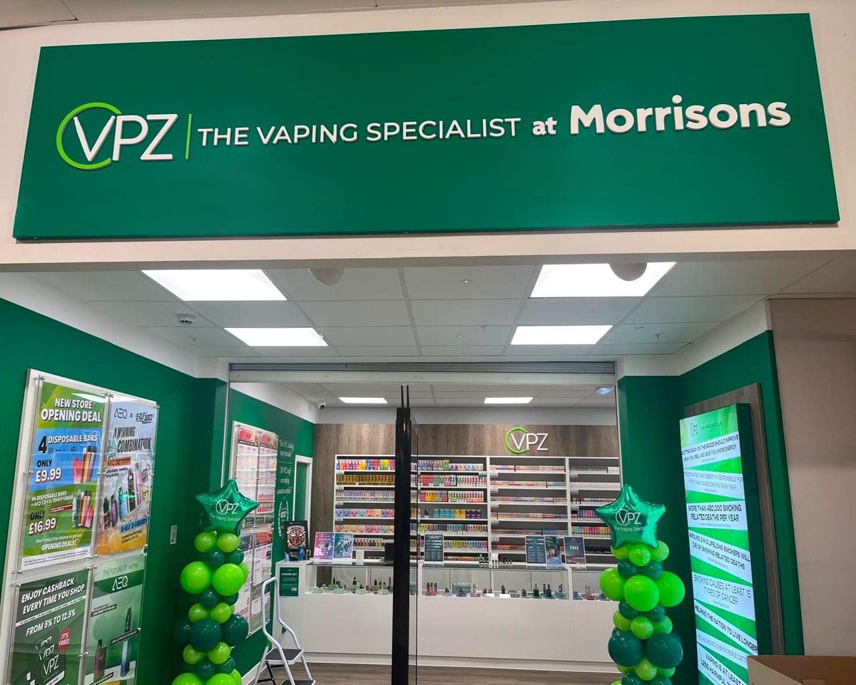 VPZ THE VAPING SPECIALIST AT MORRISONS. We're open 8am-10pm Mon-Sat, and  8am-8pm Sun. Lots of deals to be had to celebrate the new store opening.  £9.99 for 4 disposables, & a bundle