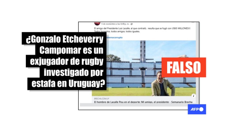 🇺🇾 Gonzalo Etcheverry Campomar, asesor del presidente uruguayo Lacalle Pou, no es el exjugador de rugby denunciado por estafa, de nombre similar ❌

Etcheverry, periodista deportivo, aclaró a la AFP que no tiene relación con el caso.

➡️ u.afp.com/ConfusiónCampo…
