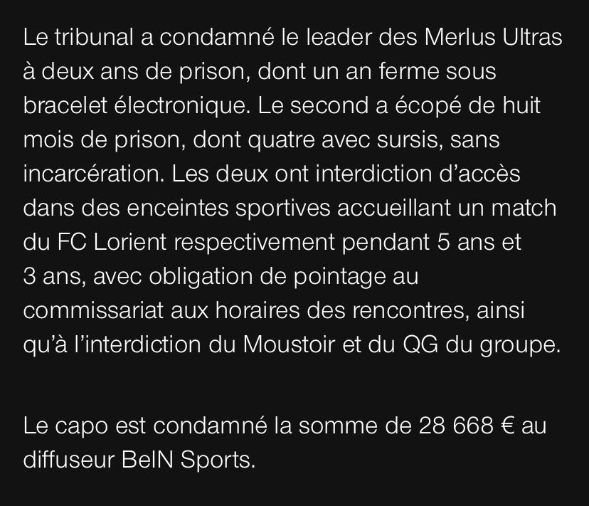 Deux ans de prison dont un ferme, interdiction de stade pendant cinq ans… Le tribunal de Lorient condamne sévèrement le leader des Merlus Ultras, jugé pour la dégradation d’un car régie de BeIn Sports et des affrontements avec des ultras de l’AC Ajaccio. ouest-france.fr/sport/football…