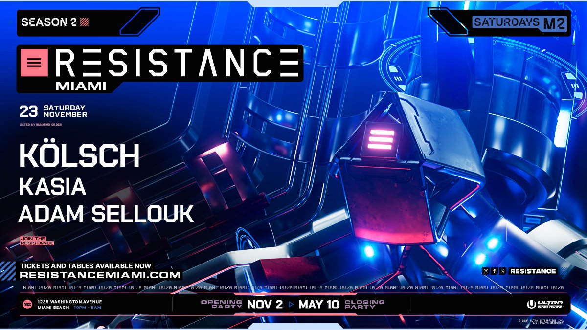 t’s all about the journey and on Sat. Nov 23 <a href="/kolschofficial/">Kölsch</a> is our guide! Join us at <a href="/M2_Miami_/">M2 Miami</a> as we welcome the maestro himself with special support from Kasia and Adam Sellouk! See you all on the dance floor!

Tickets and tables ➡️ resistancemiami.com/tickets/nov-23/