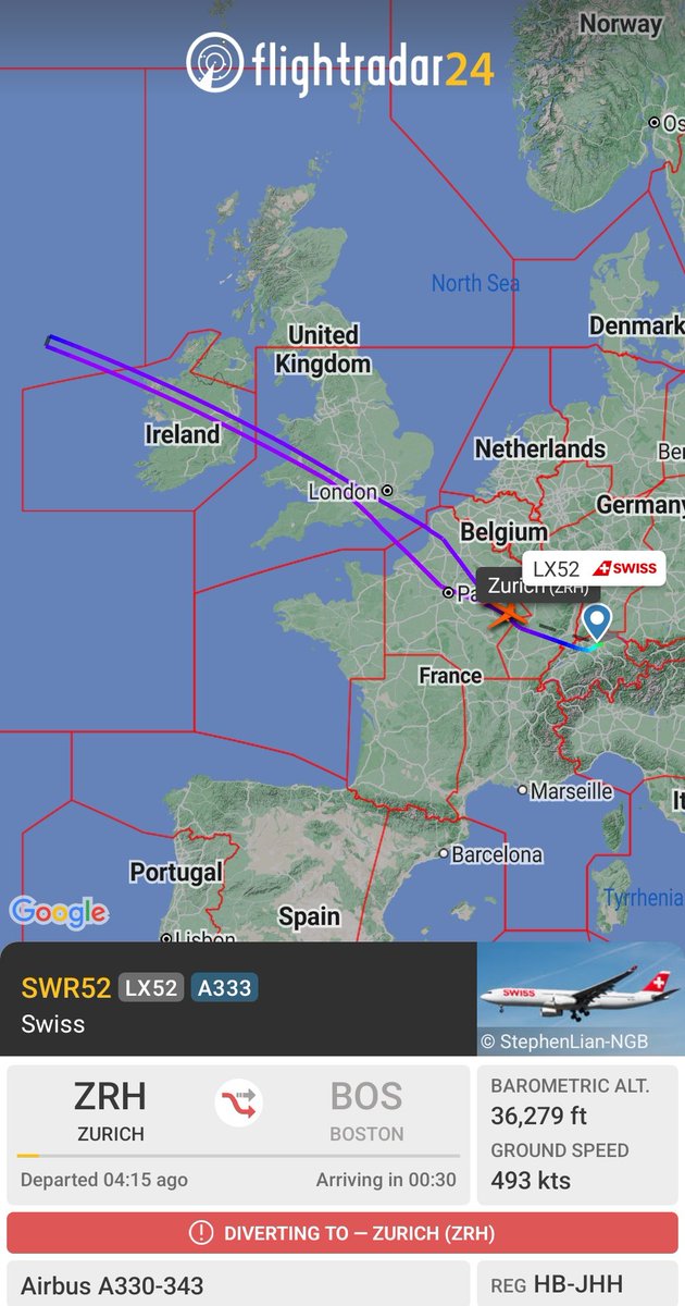Swiss flight #LX52 made a U-turn over the Atlantic and is returning to Zürich.

The reason is currently unknown.