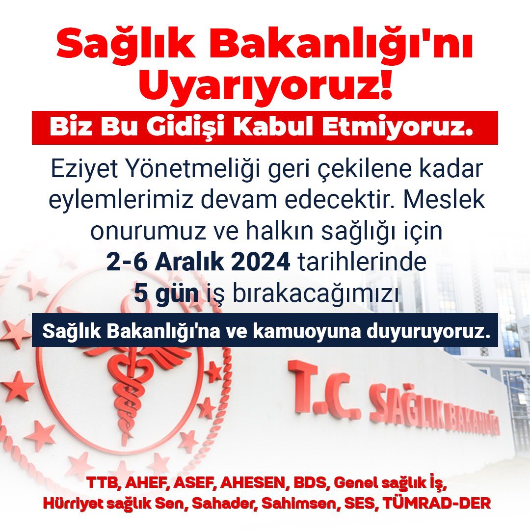 Genel Sağlık-İş Genel Merkez (@genelsaglikis) on Twitter photo Sağlık Bakanlığı'nı Uyarıyoruz...
Biz bu gidişi kabul etmiyoruz.
EZİYET YÖNETMELİĞİ geri çekilene kadar eylemlerimiz devam edecektir.
Meslek onurumuz ve halkın sağlığı için 2- 6 Aralık 2024 tarihlerinde 5 gün iş bırakacağımızı <a href="/saglikbakanligi/">T.C. Sağlık Bakanlığı</a>’na ve kamuoyuna duyuruyoruz . Sağlık Bakanlığı'nı Uyarıyoruz...
Biz bu gidişi kabul etmiyoruz.
EZİYET YÖNETMELİĞİ geri çekilene kadar eylemlerimiz devam edecektir.
Meslek onurumuz ve halkın sağlığı için 2- 6 Aralık 2024 tarihlerinde 5 gün iş bırakacağımızı <a href="/saglikbakanligi/">T.C. Sağlık Bakanlığı</a>’na ve kamuoyuna duyuruyoruz .