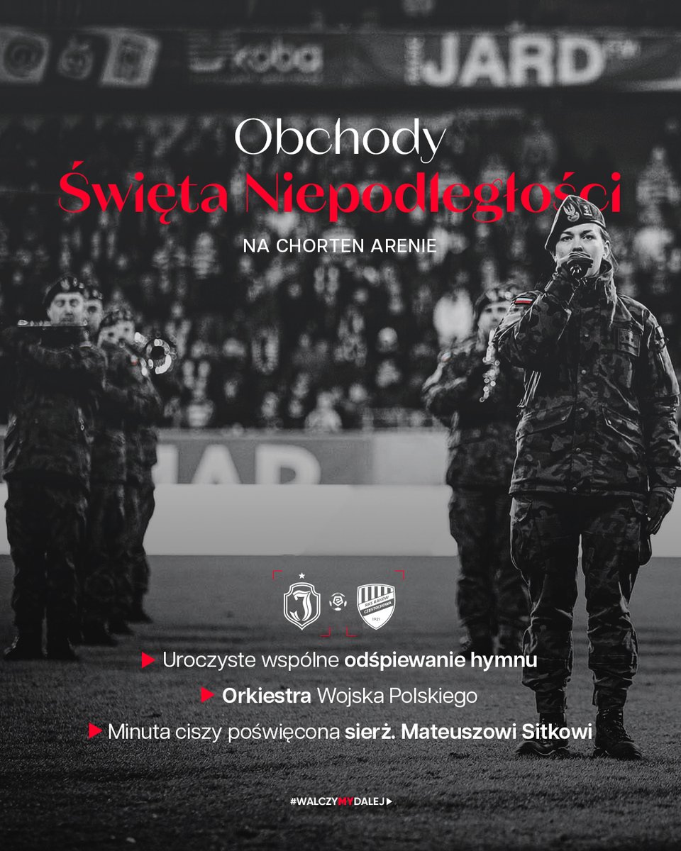 Podczas niedzielnego (10.11) #JAGRCZ na #ChortenArena odbędą się obchody Święta Niepodległości 🇵🇱.

Przed spotkaniem zostanie uroczyście odśpiewany hymn Polski przy akompaniamencie Orkiestry Wojska Polskiego 🫡.

Mecz poprzedzi minuta ciszy poświęcona tragicznie zmarłemu sierż.