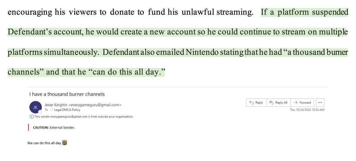 OatmealDome's tweet photo. The streamer apparently contacted Nintendo's legal department directly to taunt them after one of their takedowns. In the e-mail, he said that he can "do this all day". https://t.co/GNqKZ3oKGk
