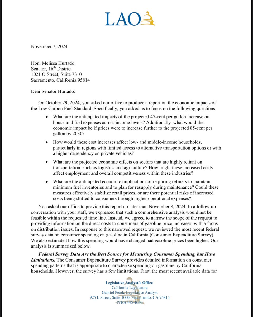 MHurtadoCA's tweet photo. 🚨 LAO Response on CARB Impact 🚨

Last night, we got answers on the potential impacts of California’s Low Carbon Fuel Standard:

📊 Households already spend $3,200/yr on gas. With projected increases of up to 85 cents/gallon by 2030, lower-income families will be hit hardest.

🚜 Higher costs could hurt industries like agriculture and logistics, risking jobs.

Check out the full response below! #CARBImpact