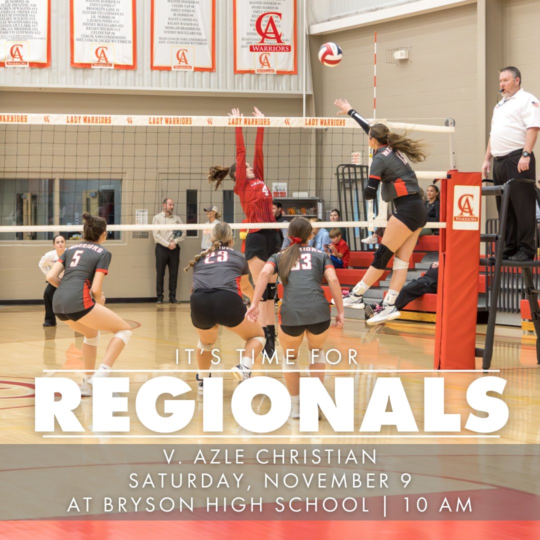 CAwarriors's tweet photo. Tomorrow, our Lady Warriors head to Bryson to play in the Regionals matchup against Azle Christian. Game time is at 10 a.m., so we hope to see you there supporting them on their playoff run!

Let's GO, Lady Warriors!
.
.
#CALadyWarriors #CAvolleyball #goldball https://t.co/vwmR4dDQDM