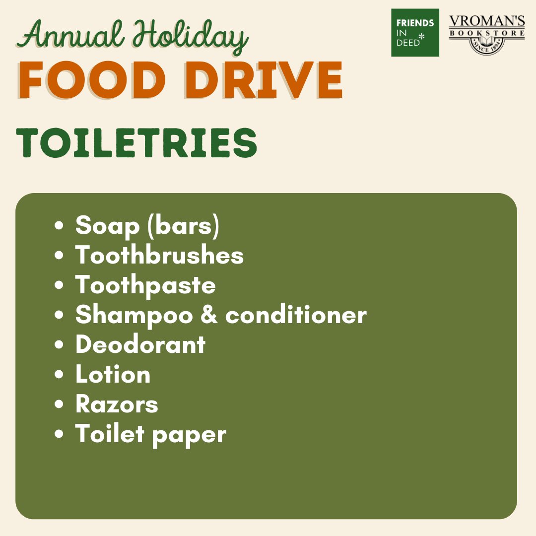 Starting November 9th we will be collecting donations for our Annual Holiday Food Drive for the Friends in Deed Food Pantry!

 We will have large collection boxes at the entrances for donation drop offs.