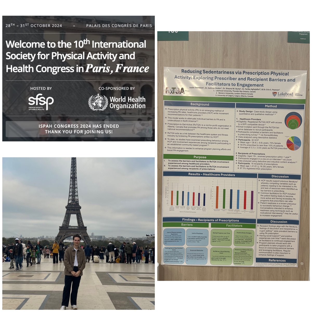 LakeheadUKIN's tweet photo. 🌍✨Oui! Paris!

Shoutout to MSc Thesis student Justin Tremblett, who just represented the School of Kin on the world stage!

Justin traveled to Paris, France to present his research at the ISPAH Congress.

Justin is supervised by Dr. Erin Pearson. https://t.co/ZY8M1curja