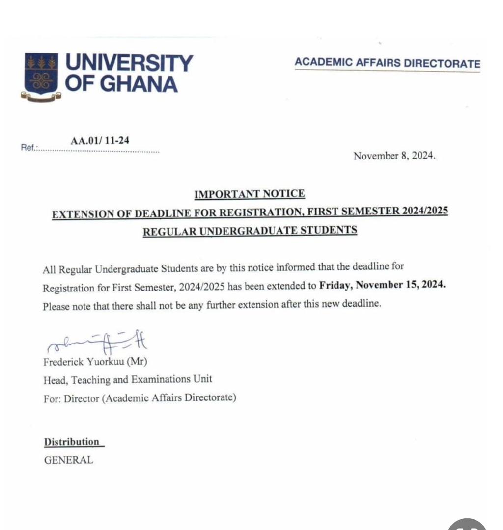 Gredsa_Legon's tweet photo. COURSE REGISTRATION 📌
Dear GREDSA, management of UG have extended the deadline for course registration to Friday, 15th November, 2024. Kindly pay at least half of your academic fees to register. Pay your SME fees if you have not to prevent any Registration error.

Stay tuned ✍️ https://t.co/d2fwiNlLJA