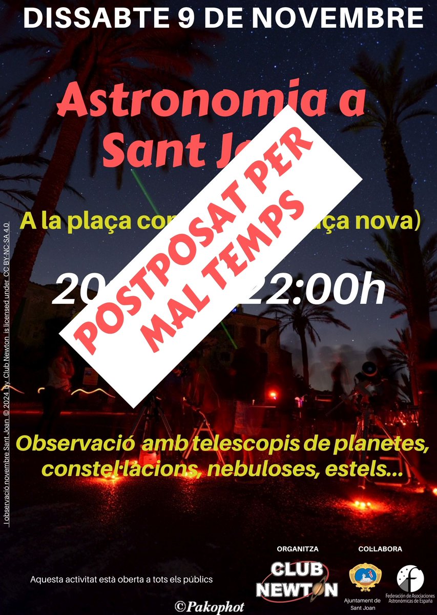 Malauradament hem de postposar l'activitat de demà dissabte a Sant Joan per raons meteorològiques.
