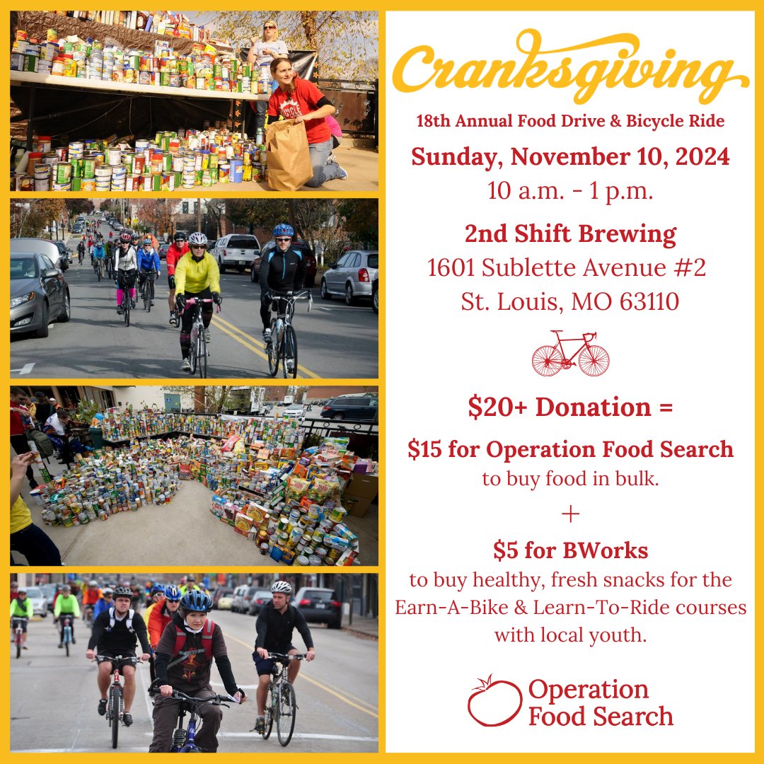 OperationFoodSearch (@opfoodsearch) on Twitter photo Join <a href="/STLBWorks/">STL BWorks</a> for the 18th Annual Cranksgiving Food Drive & Bicycle Ride at 2nd Shift Brewing this Sunday! This year, OFS has the privilege of benefitting from the canned food donations that will be given to the community. Learn more and register visit loom.ly/fimzkOI Join <a href="/STLBWorks/">STL BWorks</a> for the 18th Annual Cranksgiving Food Drive & Bicycle Ride at 2nd Shift Brewing this Sunday! This year, OFS has the privilege of benefitting from the canned food donations that will be given to the community. Learn more and register visit loom.ly/fimzkOI