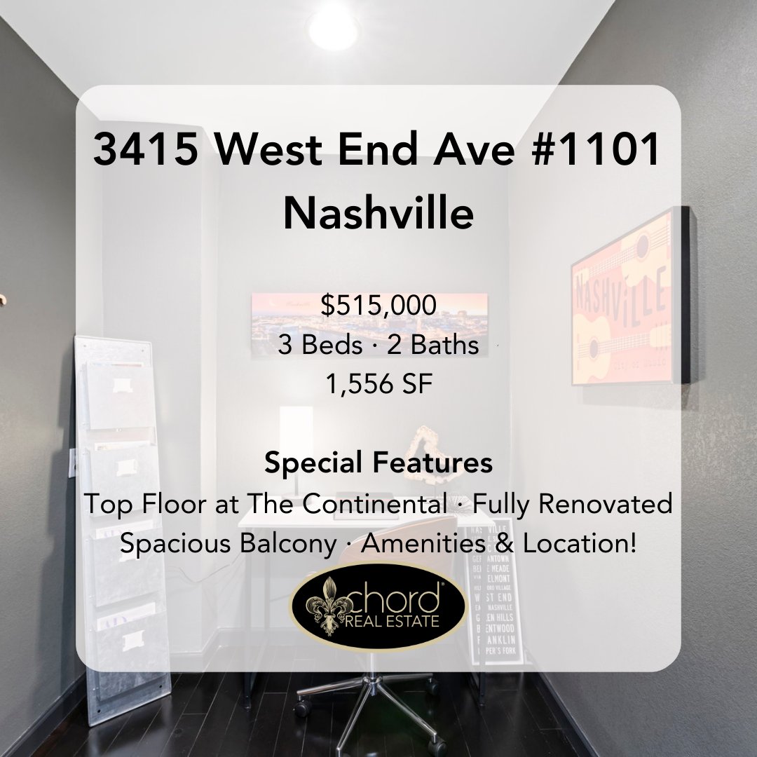 ChordRealEstate's tweet image. 🌟 Just Listed! 🌟

Experience penthouse living in the heart of Nashville at 3415 West End Ave, Unit 1101! 

📞 Contact us today to schedule a tour! chordrealestate.com/properties

🏢✨ #JustListed #PenthouseLiving #NashvilleRealEstate #LuxuryLiving #TheContinental