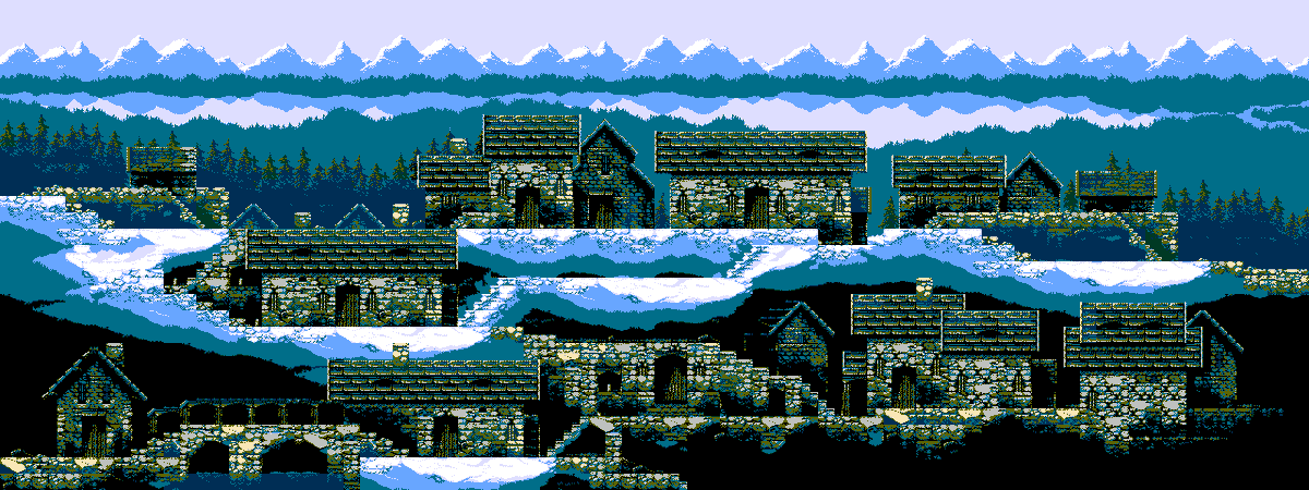 FrankenGraphics's tweet photo. NES compatible town scene. 

256 tiny 8x8 pixel tiles, reused over 5x2 screens' worth of map.  Avg reusage: 37.5 times per tile. 

For project 'borscht'. https://t.co/LGgM8B6ayK