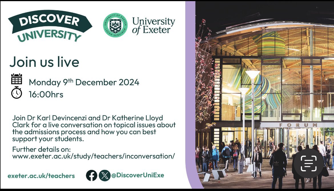 In Conversation live! Join us on Monday 9th December at 4pm for a live episode where you will have the opportunity to post questions directly to <a href="/DrKarlDev/">Dr Karl Devincenzi</a> and @klloydclark. exeter.ac.uk/study/teachers…