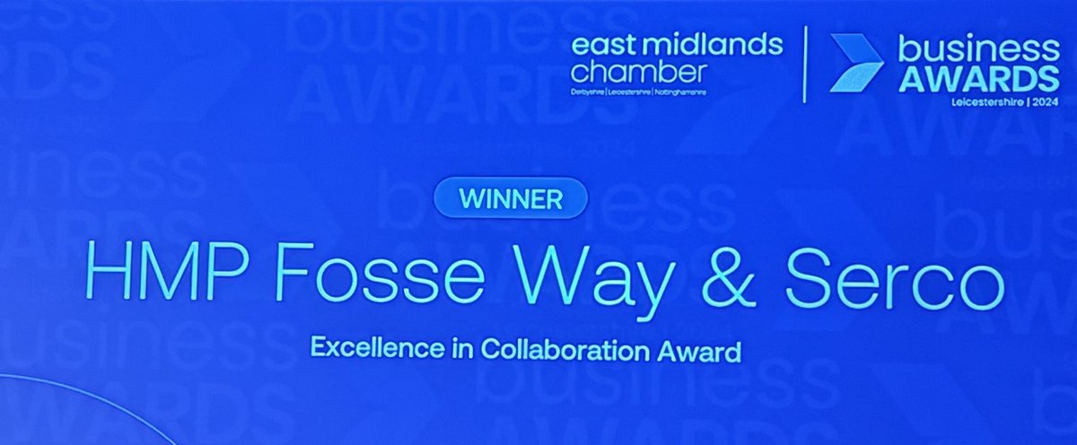 Congratulations to HMP Fosse Way &amp; Serco for winning the Excellence in Collaboration award sponsored by the East Midlands Manufacturing Network (EMMN) &amp; presented by Mark P Goldby. #chambercelebration