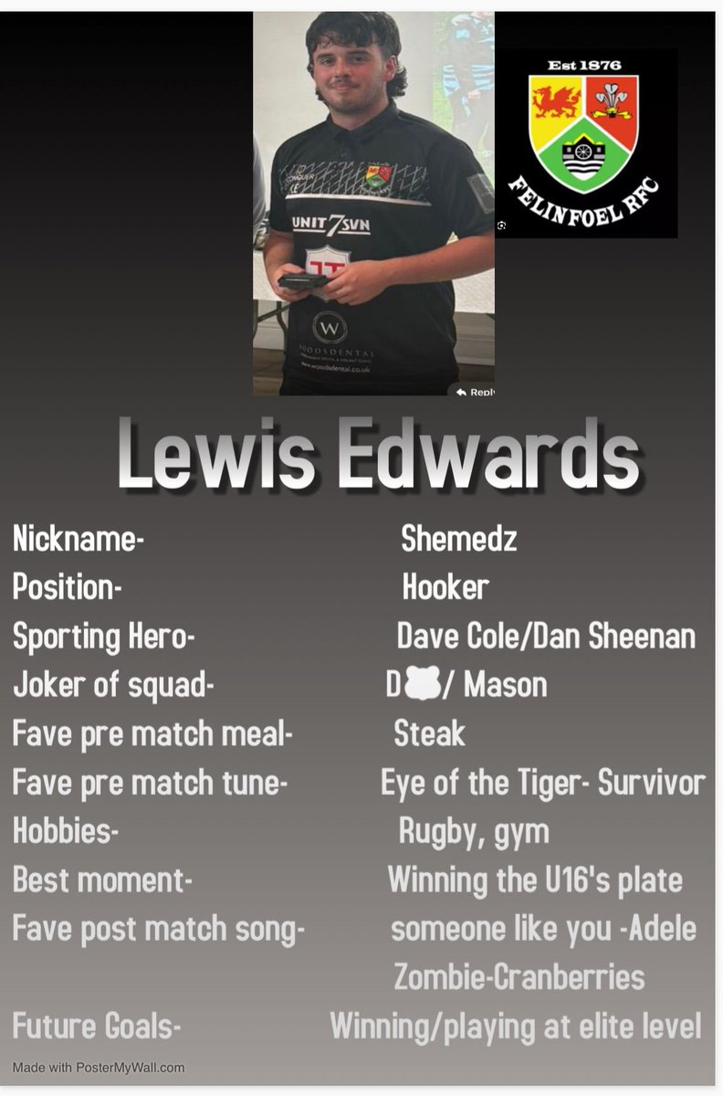 This weeks player profile. Best hooker throw in around! 
#vivalafoel #youthrugbyrising