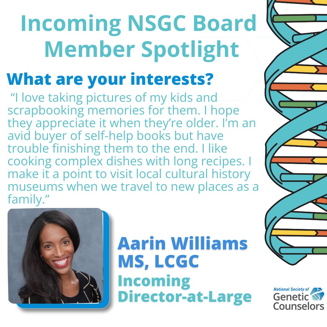 GeneticCouns's tweet photo. Meet @AarinCGC, one of NSGC's Incoming Directors-at-Large! 🌟

We are excited to welcome her to the 2025 NSGC Board of Directors. Swipe to learn more about Aarin! https://t.co/sLQ35exsVa