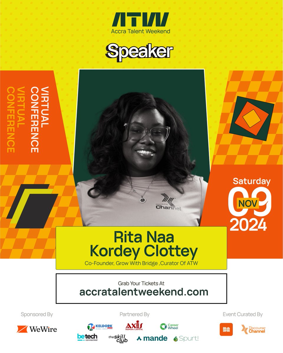 We're thrilled to announce that Rita Naa Kordey Clottey – Co-Founder of Grow With Bridge and Curator of the Accra Talent Weekend will be speaking!

Don’t miss this chance to learn from the best – secure your spot now!

#AccraTalentWeekend #ATW24 #BuildingBridgesBreakingBarriers