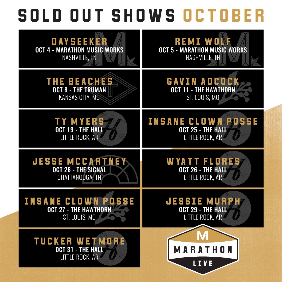 MarathonLiveMGT's tweet photo. We had an absolutely insane October with 11 #soldout shows across all of our venues. We're so proud of our team for making it all happen and for the artists who take our stage. We love this life ❤️‍🔥 https://t.co/mEcy6nuj2a