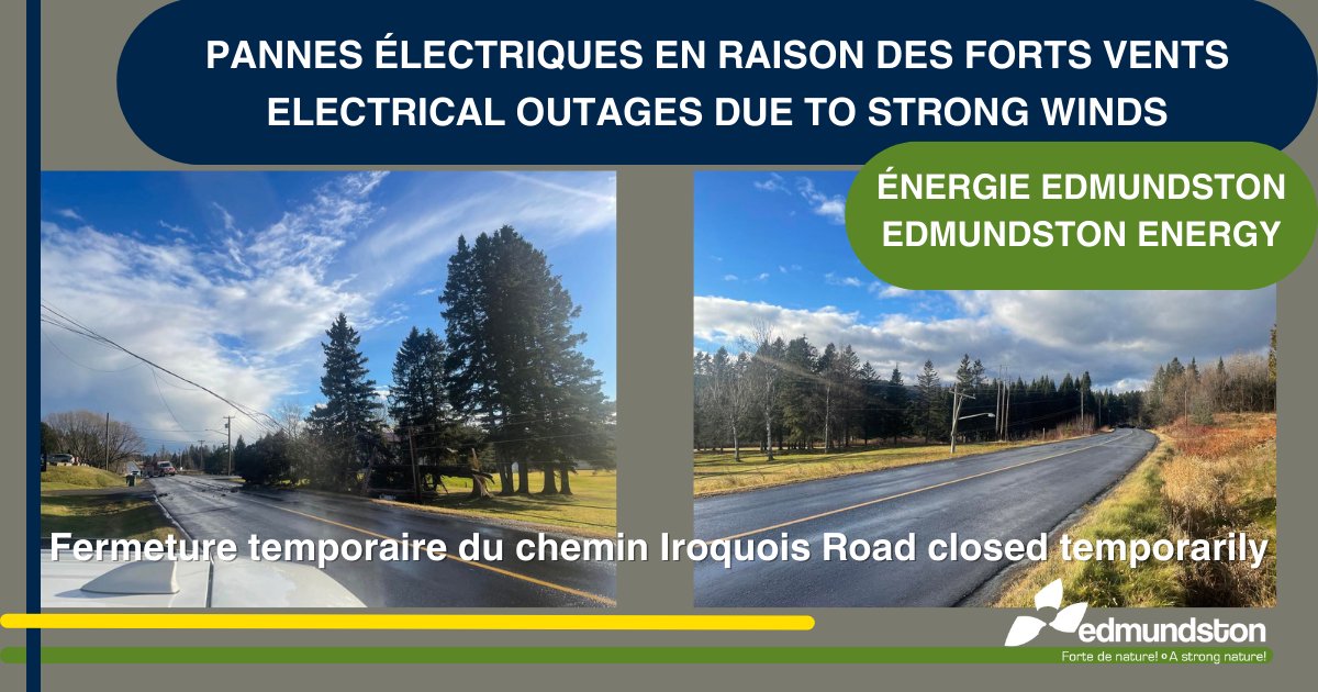 Énergie #Edmundston avise la population qu'il y a quelques pannes sur le territoire. Le chemin Iroquois est fermé en ce moment
----
Edmundston Energy informs the population that there are still some power outages in the area. Iroquois Road is closed for now