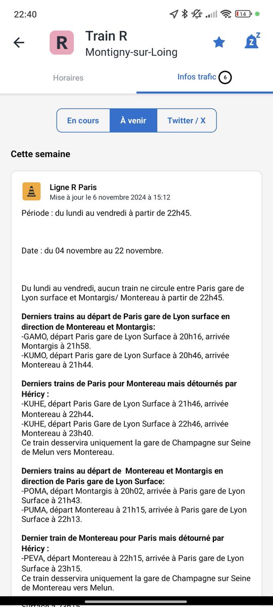mG__s's tweet photo. @LIGNER_SNCF Dans l'application IDF Mobilité c'est dans les "A venir". Il serait judicieux de régler ça pour éviter les usagers mécontents de ne pas être prévenus https://t.co/aHwmqj2YJK