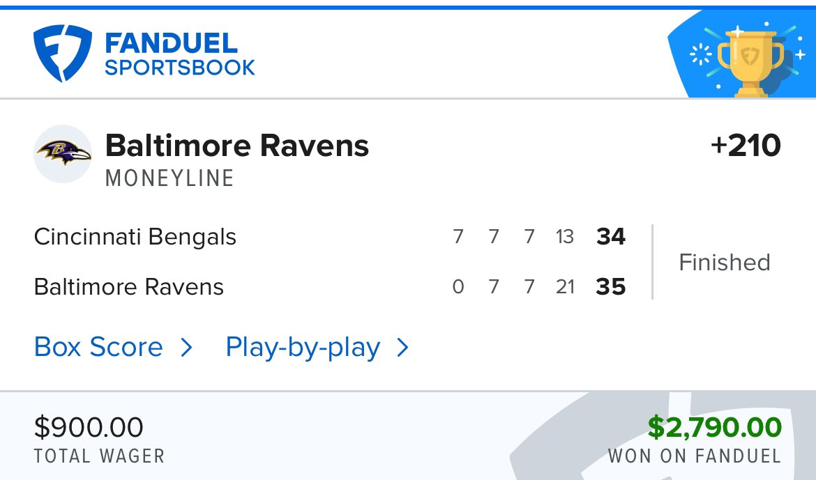 Another banger! LIVE bet the Ravens Money Line at +210 when they were down 21-14 with 3 mins left in the 3rd quarter ✅