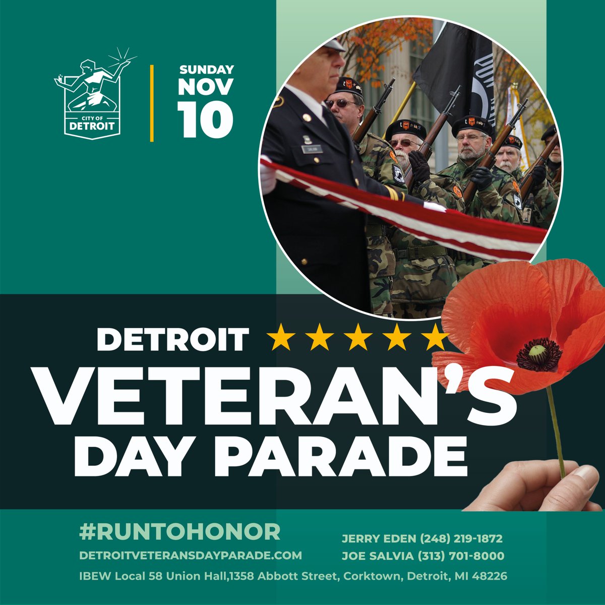 CityofDetroit's tweet photo. Honor. Respect. Remember.🇺🇸 Join us today for Detroit's Veteran’s Day Parade and #RunToHonor those who served. Let’s stand together at 11:11 am in Corktown to salute our heroes!🌺 

#DetroitVeterans #VeteransDayParade https://t.co/x5MqQ1EMcQ