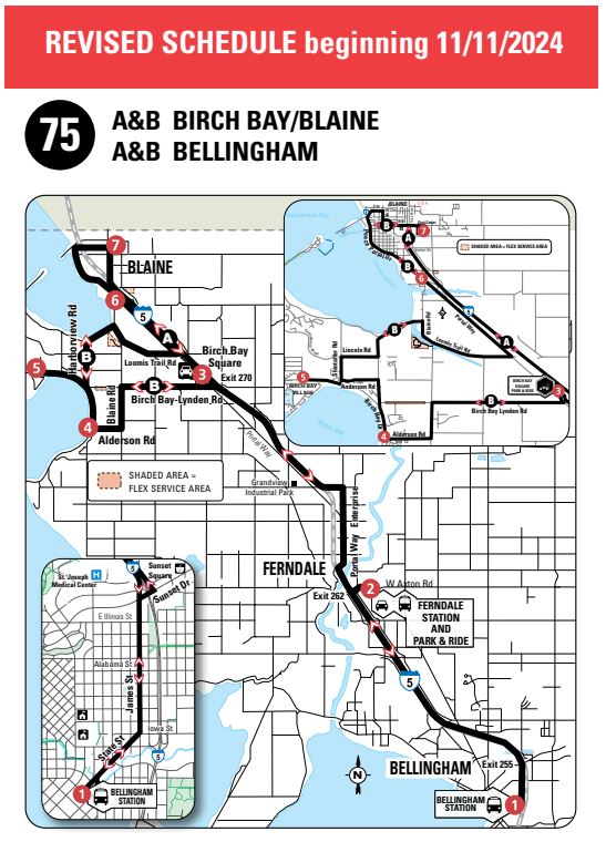 Attention Route 75 Riders!  

Starting Monday, November 11, Route 75 will have a revised schedule. The time the bus arrives at your bus stop will change, in some cases up to 10 minutes earlier.  

New schedule: files.ridewta.com/Route75.pdf
Questions? Call (360) 676-7433