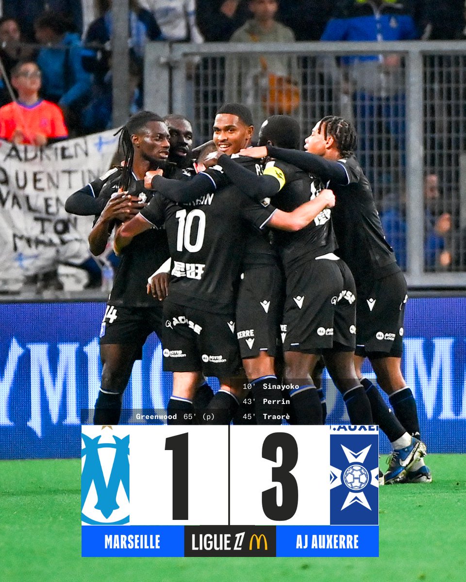 Ligue1's tweet photo. ✅ Première victoire en déplacement du promu... et quel succès 🏟️ !

Une réaction à chaud 🔥 ?

#OMAJA https://t.co/yqxk2PiRwm