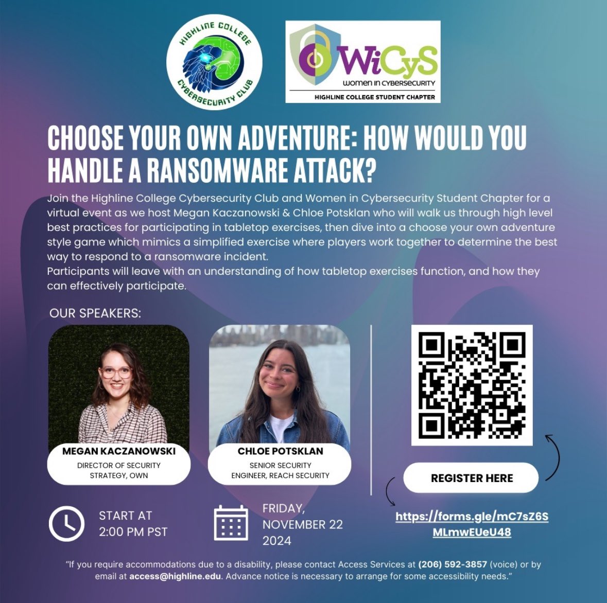 In case you missed our last session, Chloe and I are presenting our ransomware workshop in a few weeks! While this event is sponsored by the Highline Cybersecurity Club and the WiCyS group at Highline, anyone is welcome to attend! #cyber #informationsecurity #womenintech