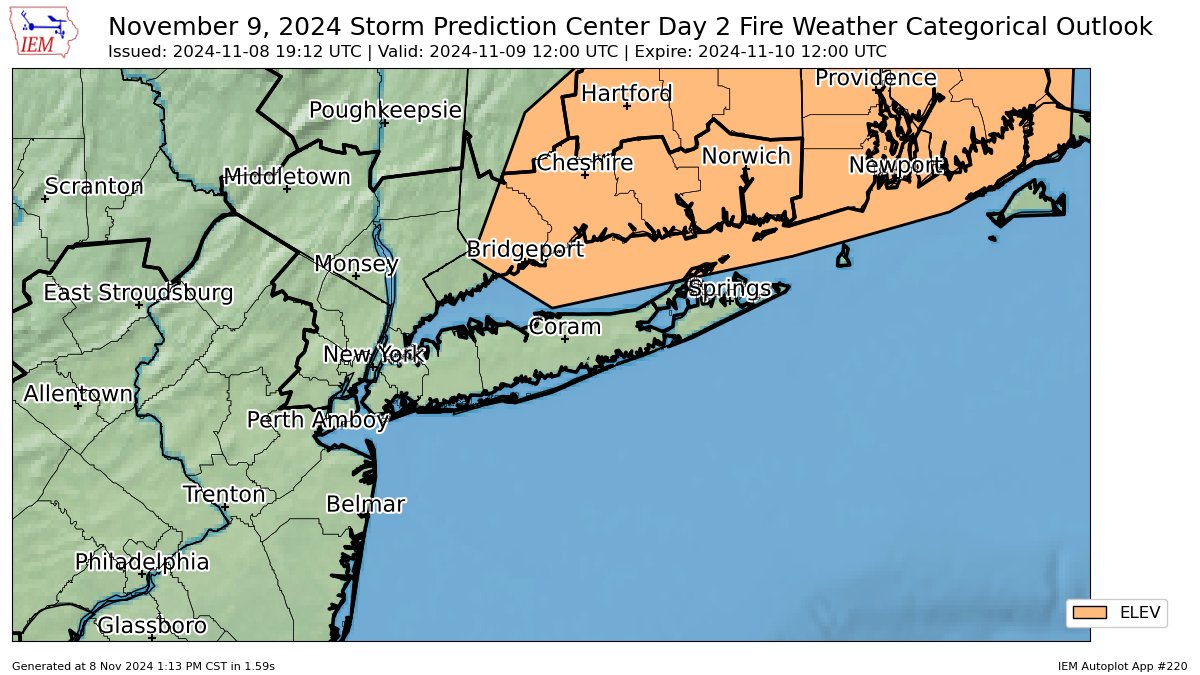 An elevated fire weather risk will be in effect for eastern Fairfield County and New Haven County Saturday.