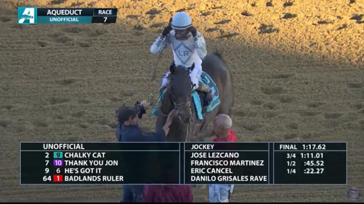 Chalky Cat takes the 7th at Aqueduct for Team Rice! Congratulations to the partners! He was a pleasure to have out at GMP Farm! #winwithGMP 💜💪🏼