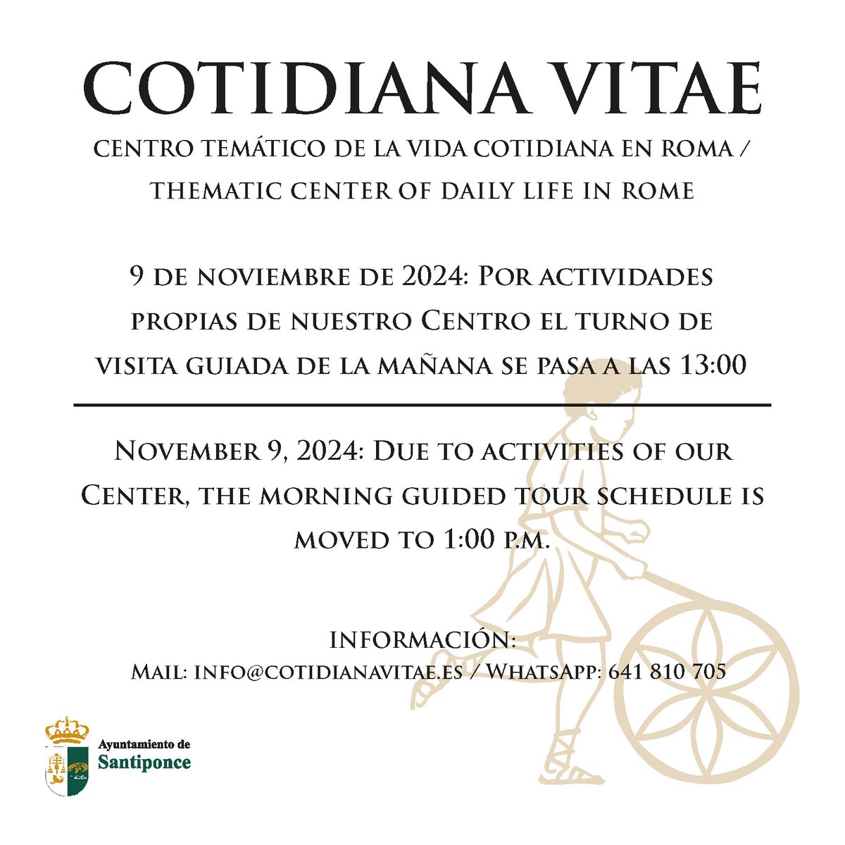 cotidianavitae's tweet photo. HORARIO 9 DE NOVIEMBRE: Por actividades propias de nuestro Centro, el 9 de noviembre el turno de visita guiada para público general se pasa a las 13:00. ¡Os esperamos! https://t.co/4lkYk0wbJu