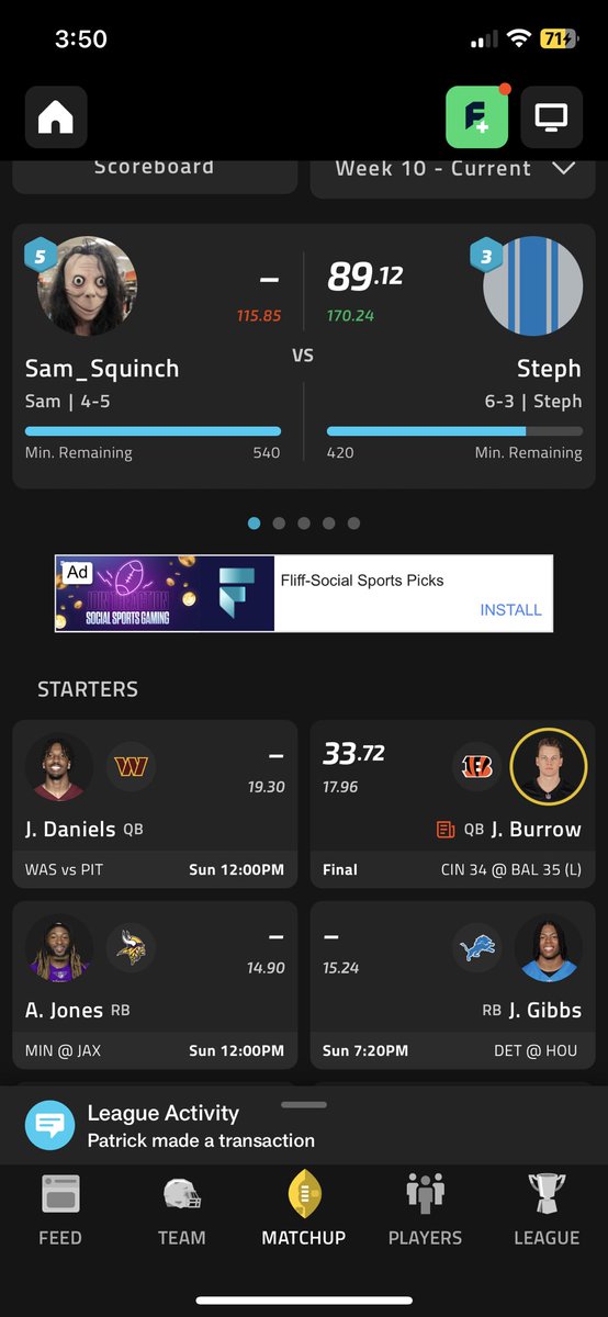 SamOShasky's tweet photo. @EricNMoody He had burrow and Jamar chase. Guys got 90 points on me and has only had 2 players play 😂😂. I’m cooked this week https://t.co/zN4PRsrqx4