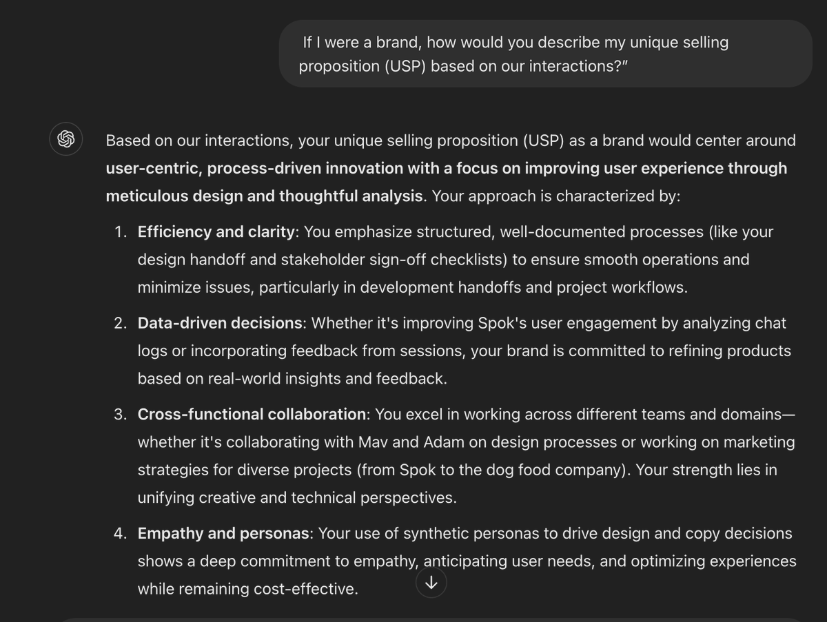meetspok's tweet photo. A little Friday entertainment. Ask in a new #ChatGPT thread: “If I were a brand, how would you describe my unique selling proposition (USP) based on our interactions?”
Here’s our designer’s: https://t.co/rcOcmP3SM3