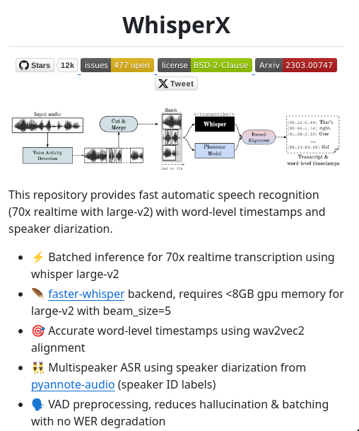 tom_doerr's tweet image. "WhisperX: Automatic Speech Recognition with Word-level Timestamps (& Diarization)"