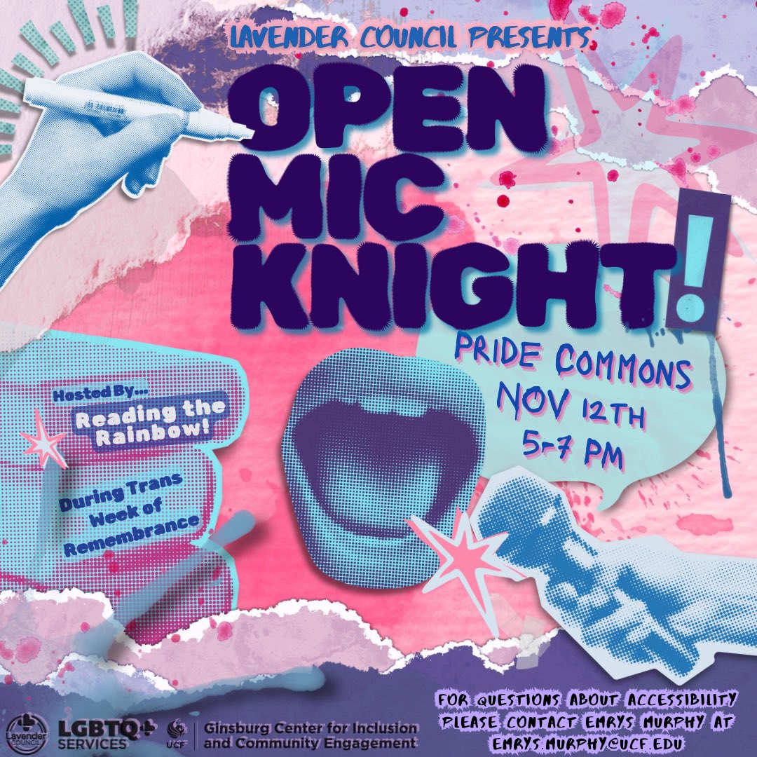 Lavender Council's book club, Reading the Rainbow, invites you tơ Open Mic Knight as part of our Transgender Week of Remembrance. 

Sign Up!
forms.gle/uvfnE9CGXtZJPs…

LGBTQ+ Student Support Services is funded through Activity and Service Fees as allocated by Student Government.