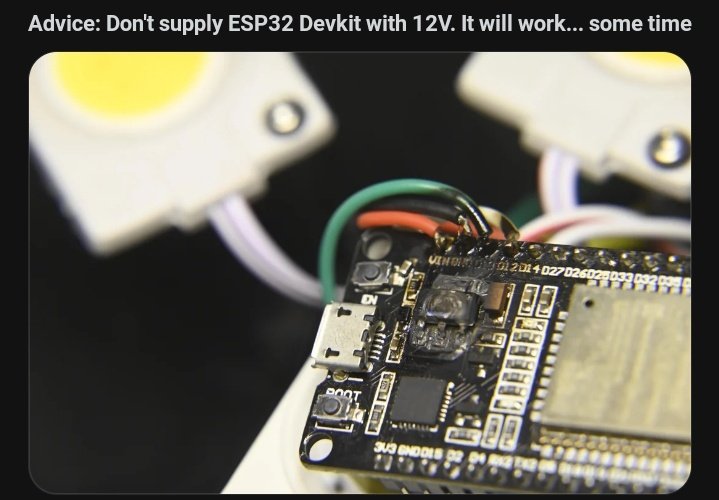 colTheDeveloper's tweet photo. Someone just fried their ESP32. In what world do you think it is better to supply the microcontroller with 12 volts? This is why it is important to learn electronics before building anything with a microcontroller https://t.co/upgE8iD3yp