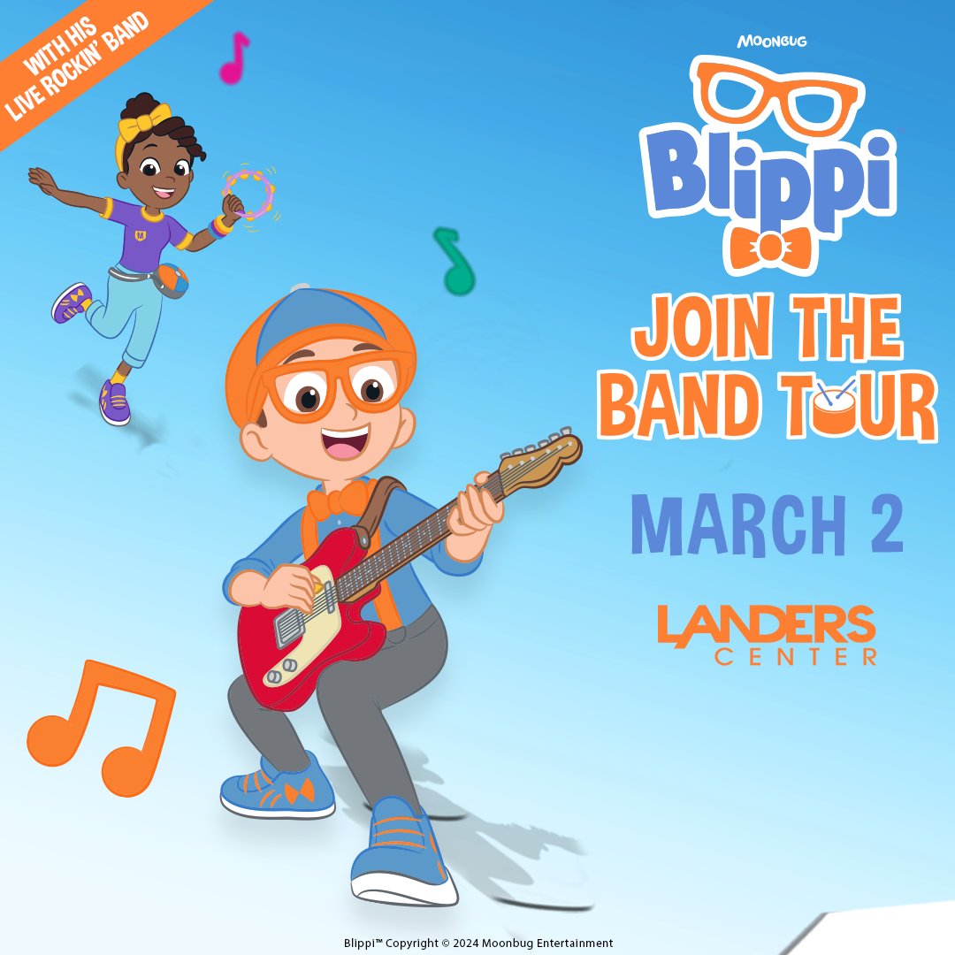 LandersCenter's tweet photo. JUST ANNOUNCED: Join @BlippiOnTour and Meekah for the brand new Blippi: Join the Band Tour at Landers Center on March 2! 🎸🎤 Tickets are on sale today at 3 PM.

🎟: https://t.co/73CpagCfoc https://t.co/SlOUUj2uZd