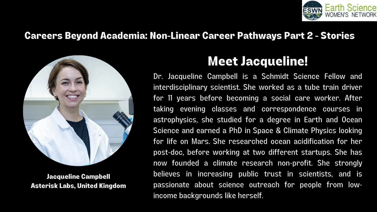 Meet Jacqueline! We are excited to host Dr. Jacqueline Campbell and Ana Cristina Vásquez who will share their experiences with nonlinear career pathways. Register now for this Dec 4 Careers Beyond Academia event: eswnonline.org/careers-beyond…