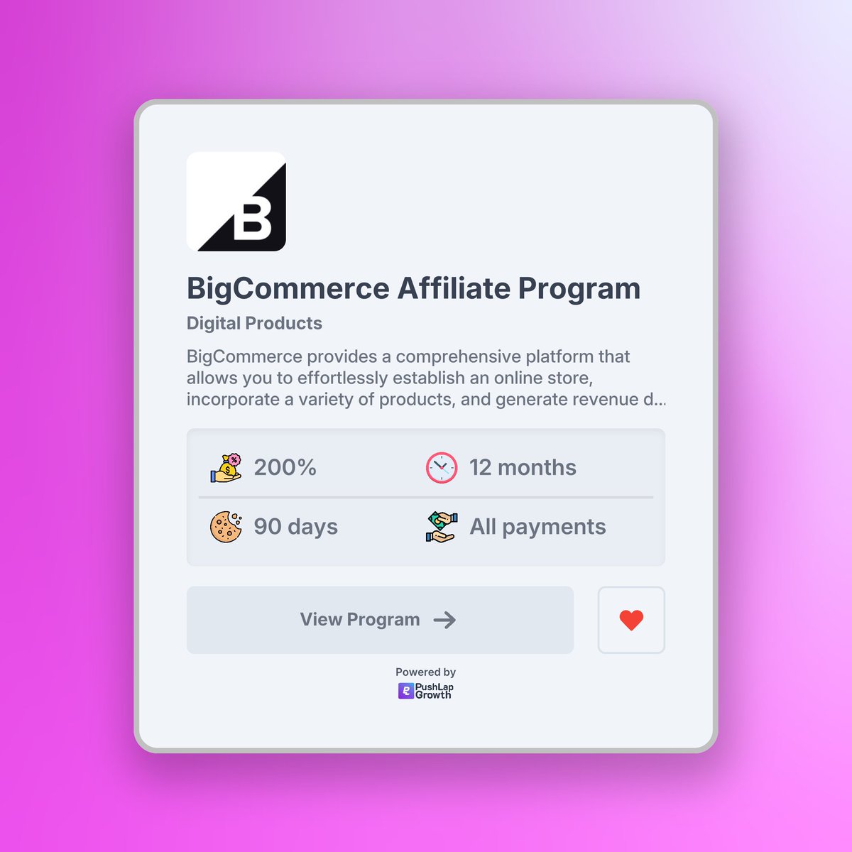 ayo_blvd's tweet photo. 🚀 Check out the BigCommerce Affiliate Program on Push Lap Growth!

BigCommerce is a comprehensive e-commerce platform that enables users to create and manage online stores, offering tools for product management, audience segmentation, SEO, and reliable hosting services to drive revenue.

With their Affiliate Program, you can earn up to 200% per sale with an impressive 90-day cookie duration.

Join now: https://t.co/q8U7ASJ7SR 

Create, manage, track and find affiliates for your affiliate program with Push Lap Growth! https://t.co/nMn2t27iR9