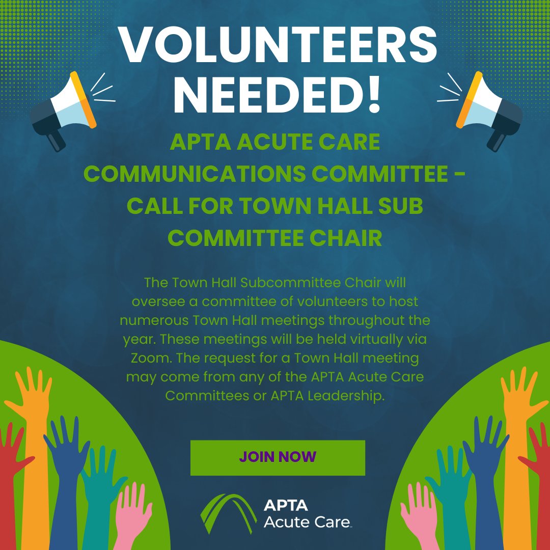 The APTA Acute Care Communication Committee has an exciting volunteer opportunity! We are looking for a Chair person to lead our Town Hall Committee. Learn more here - aptaacutecare.org/page/2024TownH…