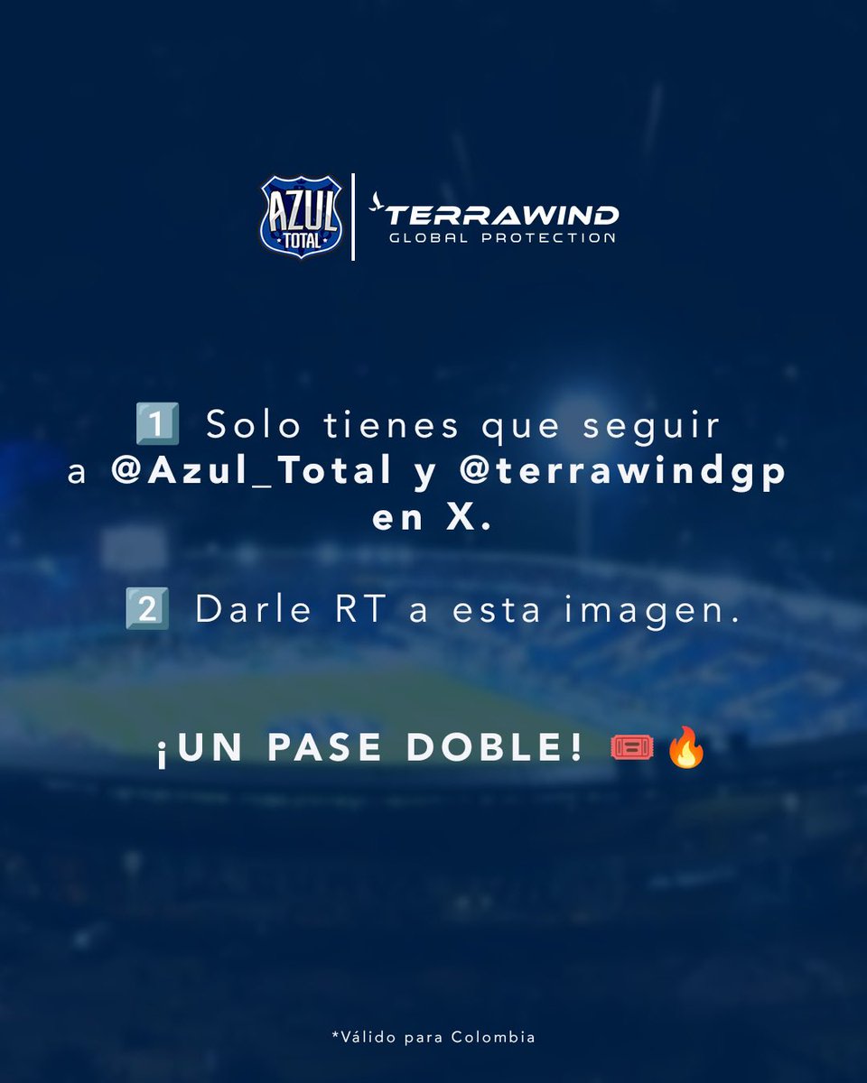 Azul_Total's tweet photo. ¡SORTEO! Ⓜ️

👉🏻 𝗔𝘇𝘂𝗹 𝗧𝗼𝘁𝗮𝗹 y 𝗧𝗲𝗿𝗿𝗮𝘄𝗶𝗻𝗱, patrocinador oficial de 𝗠𝗶𝗹𝗹𝗼𝗻𝗮𝗿𝗶𝗼𝘀, te invitan al partido de Liga BetPlay 🆚 Pereira 

1️⃣ Solo tienes que seguir a @Azul_Total y @terrawindgp en X

2️⃣ Darle RT a esta imagen

¡SORTEAREMOS UN PASE DOBLE! 🎟️🔥 https://t.co/QtfrfnidEn