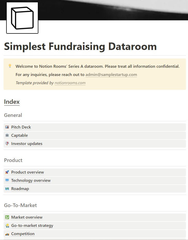 NotionRooms's tweet photo. We have just launched the template for the simplest ever dataroom on Notion.

It's simple, but built by actual investors.

Best part? It works (like any other template) with Notion Rooms.

Get it here: https://t.co/RfzfQv36Ys

#notion #vdr #dataroom #fundraising https://t.co/OFMeA2vMTd