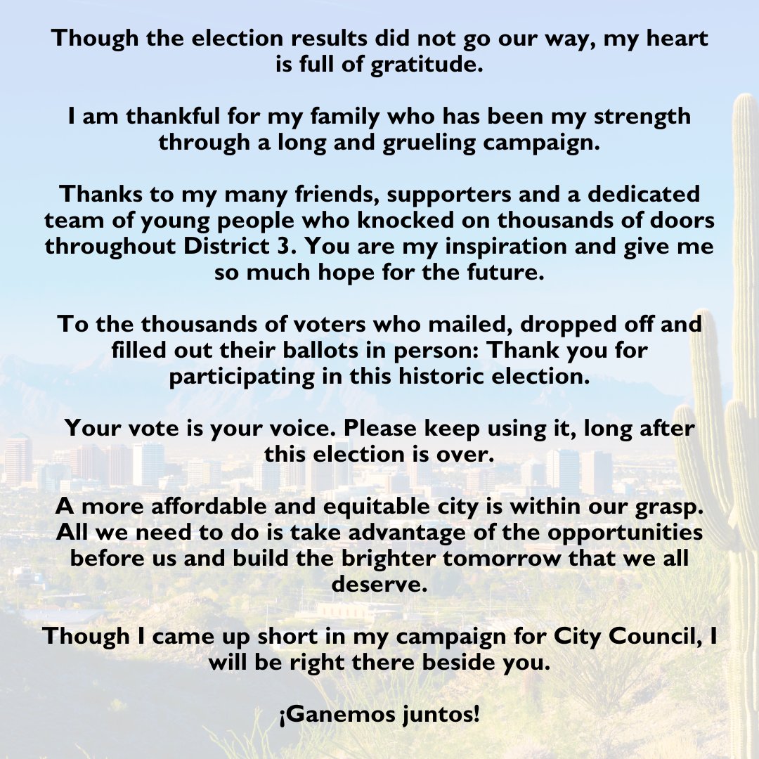 💙 Grateful to District 3 &amp; everyone who supported us. Though we came up short, my heart is full. To our tireless volunteers, devoted supporters &amp; every voter who made their voice heard: Thank you. I'll keep fighting for a more affordable, equitable city. ¡Ganemos juntos! 💙