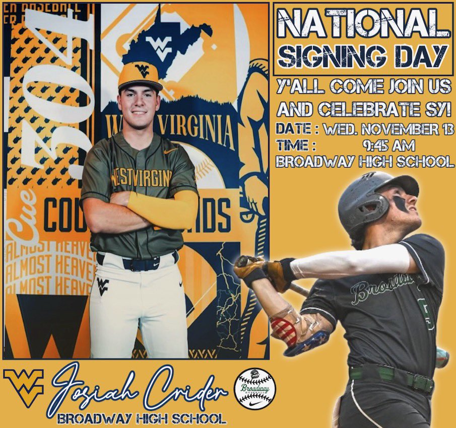 🚨National Signing Day🚨
Come celebrate with our Gobbler Catcher, Josiah Crider, as he signs his NLI to West Virginia University.

📆Wednesday, Nov. 13th
📍Broadway High School Auditorium 
⏰9:45
#GoGobblers #HailWV 
<a href="/SyCrider2025/">Josiah Crider</a> <a href="/J_Gar12/">Jacob Garcia</a> <a href="/stevesabins/">Steve Sabins</a> 
<a href="/WVUBaseball/">WVU Baseball</a>