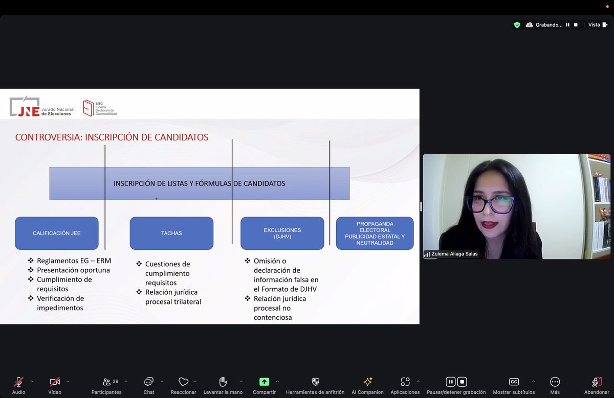 📌 Hoy, 08 de noviembre, se llevó a cabo el “Programa de Extensión Universitaria en Derecho, Gestión y Justicia Electoral para estudiantes de Derecho” con la lección N° 7, a cargo de Zulema Aliaga, abogada de la Secretaría General del JNE.