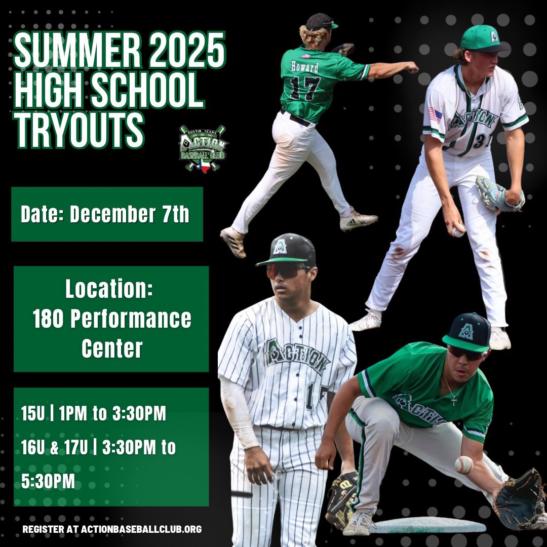 Action Baseball Club (@actionbaseball) on Twitter photo Tryouts are coming up for our Summer HS ⚾️ Season!
TRYOUT INFO
12/07
<a href="/180_center/">180 Performance Center</a>
15U: 1PM-3:30PM
16U & 17U: 3:30PM-5:30PM
ALL 15U players and ALL 16U & 17U players new to Action must tryout‼️
For more info ➡️ actionbaseballclub.org Tryouts are coming up for our Summer HS ⚾️ Season!
TRYOUT INFO
12/07
<a href="/180_center/">180 Performance Center</a>
15U: 1PM-3:30PM
16U & 17U: 3:30PM-5:30PM
ALL 15U players and ALL 16U & 17U players new to Action must tryout‼️
For more info ➡️ actionbaseballclub.org