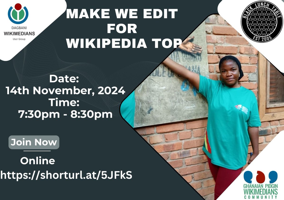 Ghanaian Pidgin Wikimedians Community (@ghpidginwiki) on Twitter photo Hello! Join we make we document den wrep <a href="/Wikipedia/">Wikipedia</a> articles about Black artists den artists of color wey na dem be underrepresented insyd Gh Pidgin. <a href="/Wikimedia/">Wikimedia Foundation</a> <a href="/BLACKLUNCHTABLE/">Black Lunch Table</a> #GhPidgin Hello! Join we make we document den wrep <a href="/Wikipedia/">Wikipedia</a> articles about Black artists den artists of color wey na dem be underrepresented insyd Gh Pidgin. <a href="/Wikimedia/">Wikimedia Foundation</a> <a href="/BLACKLUNCHTABLE/">Black Lunch Table</a> #GhPidgin
